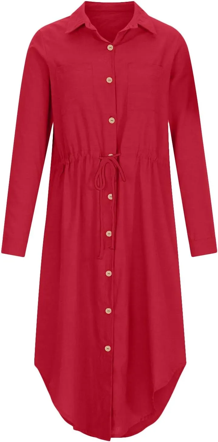 Ceboyel Linen Shirt Dresses for Women Button Down Drawstring Causal Dress Plain Long Maxi Dresses Trendy Ladies Outfits 2023