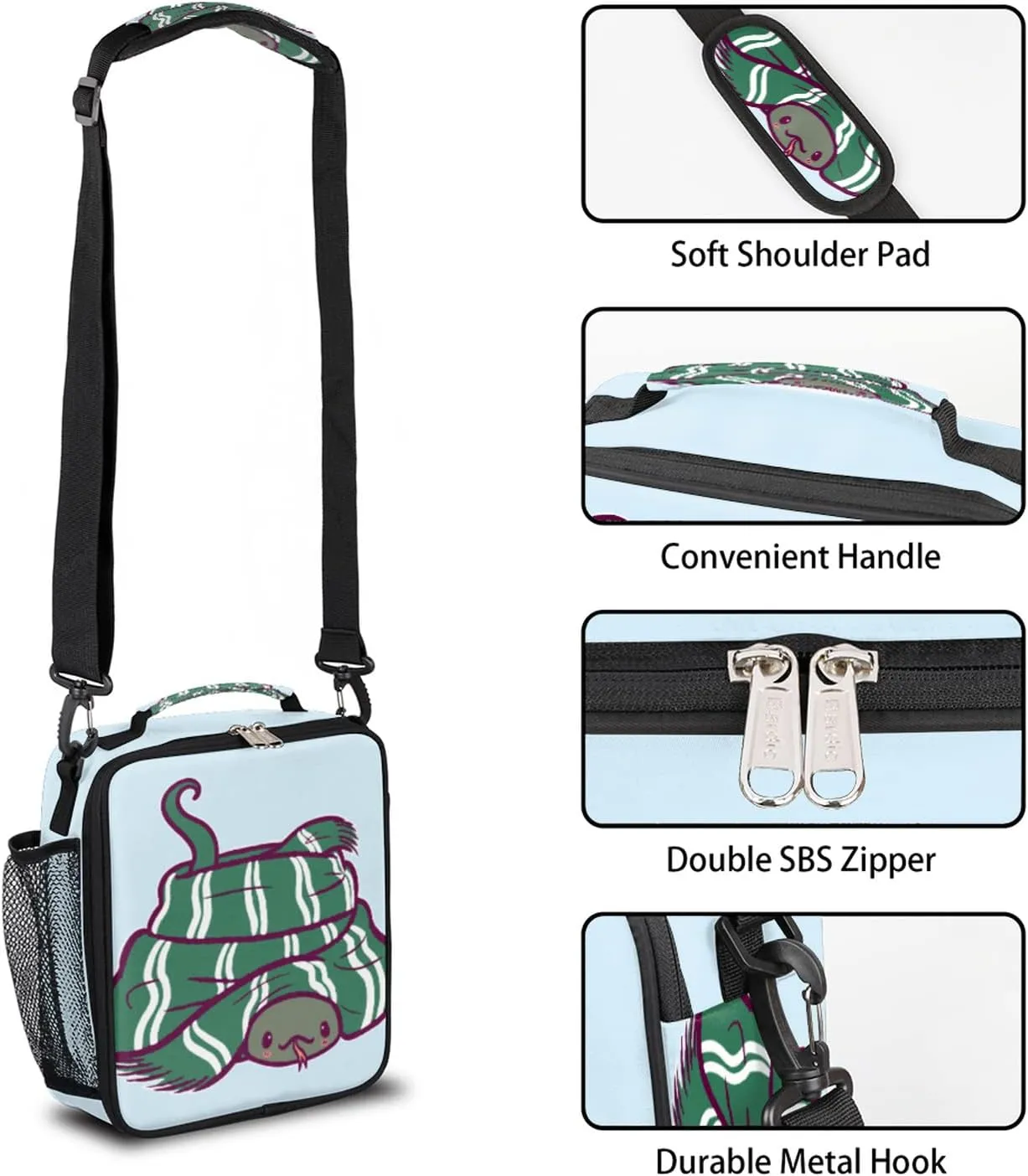 cfpolar Kids Lunch Bag, Green Snake Wear Scarf Reusable Insulated Lunch Box for Kids, Thermal Cooler Lunch Tote Leakproof Lunch Box with Shoulder Strap for School Daycare