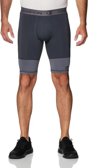Champion Men's, Compression Shorts with Total Support Pouch, Moisture Wicking, 6" & 9", Stealth/Stormy Night C Logo, X-Large