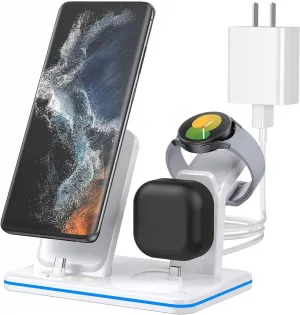 Charging Station for Samsung Multiple Devices, 3 in 1 Fast Charging Dock, Wireless Charger for Samsung Galaxy Watch 5/4/3, Galaxy S25/S24/S23/S22/21/20,Note20/10/Z Fold/Flip 5/4,USB-C Buds