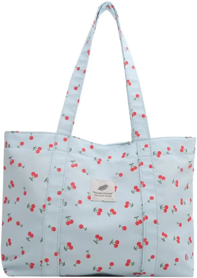 Cherry Tote Bag Cute Cherry Purse Strawberry Sholder Bag for Women Canvas Handbag with Pocket (blue_cherry)