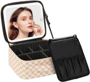 Chomeiu Makeup Bag with LED Mirror, Travel Makeup Case for Women and Makeup Artists Cosmetic Organizer Large Make Up Bags with Light Up Mirror, 3 Color Lights, Adjustable Dividers, Light Checkerboard