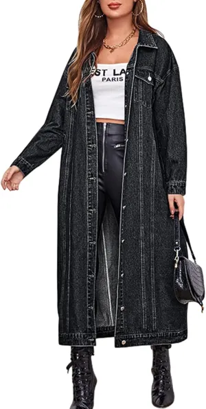 chouyatou Women's Fashion Spring Button Down Midi Long Denim Jean Jacket Trench Coat