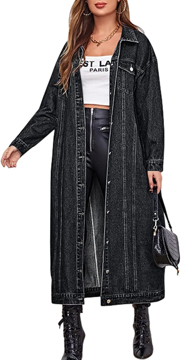chouyatou Women's Fashion Spring Button Down Midi Long Denim Jean Jacket Trench Coat