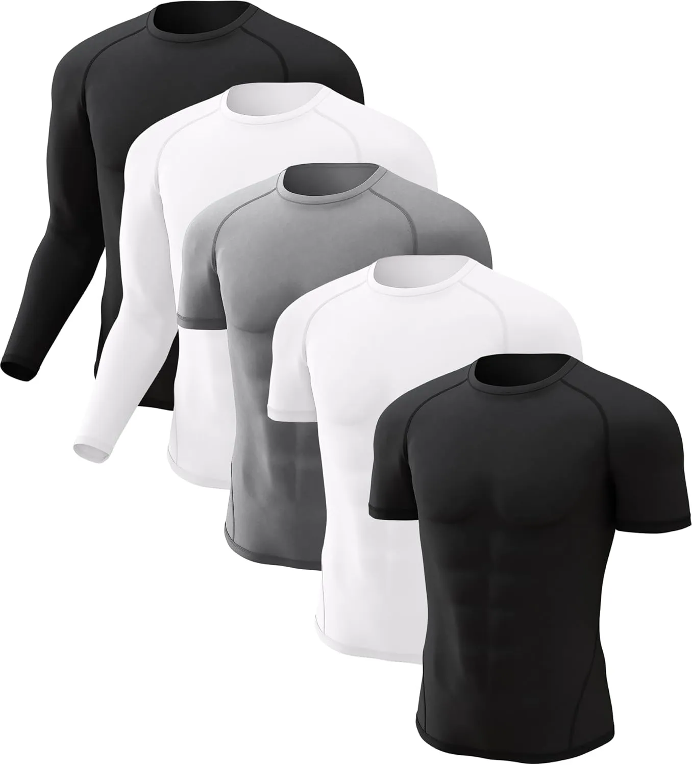 CL convallaria 5 Pack Mens Compression Shirt Workout Rash Guard Long Short Sleeve Undershirts for Athletic Gym Running