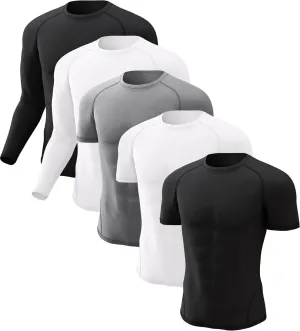 CL convallaria 5 Pack Mens Compression Shirt Workout Rash Guard Long Short Sleeve Undershirts for Athletic Gym Running
