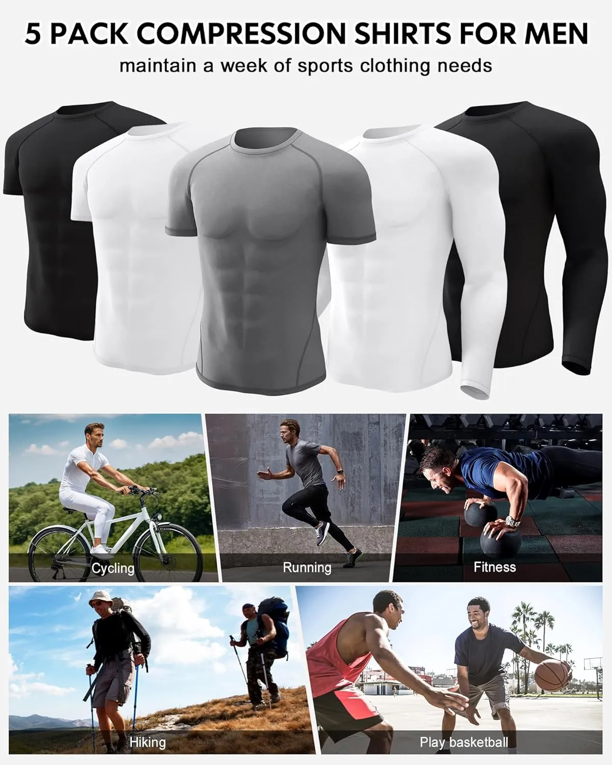 CL convallaria 5 Pack Mens Compression Shirt Workout Rash Guard Long Short Sleeve Undershirts for Athletic Gym Running