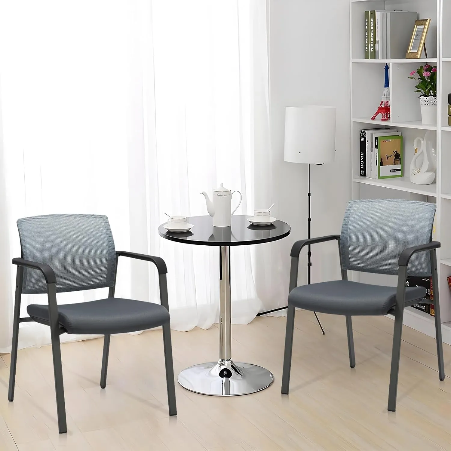 CLATINA Mesh Back Stacking Arm Chairs with Upholstered Fabric Seat and Ergonomic Lumber Support for Office School Church Guest Reception Grey