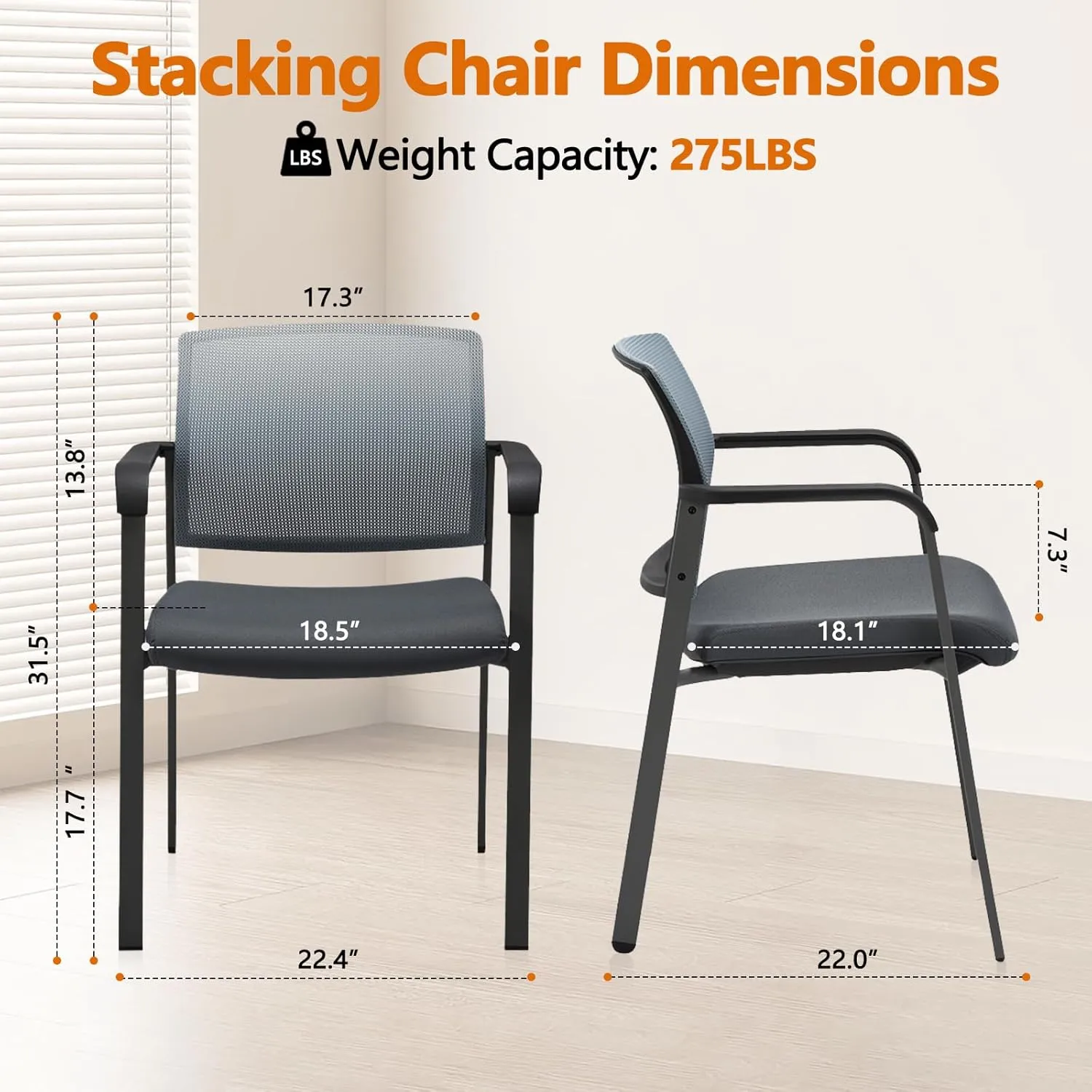 CLATINA Mesh Back Stacking Arm Chairs with Upholstered Fabric Seat and Ergonomic Lumber Support for Office School Church Guest Reception Grey