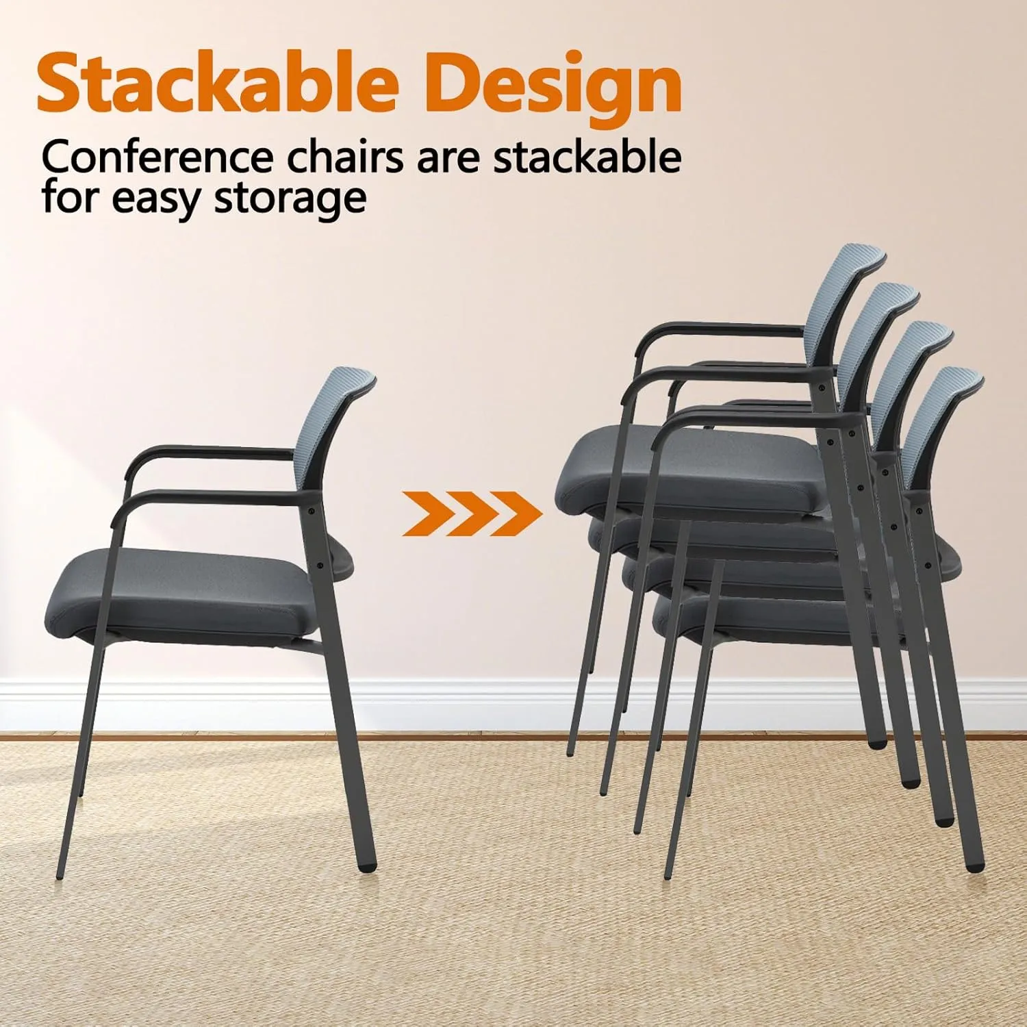 CLATINA Mesh Back Stacking Arm Chairs with Upholstered Fabric Seat and Ergonomic Lumber Support for Office School Church Guest Reception Grey