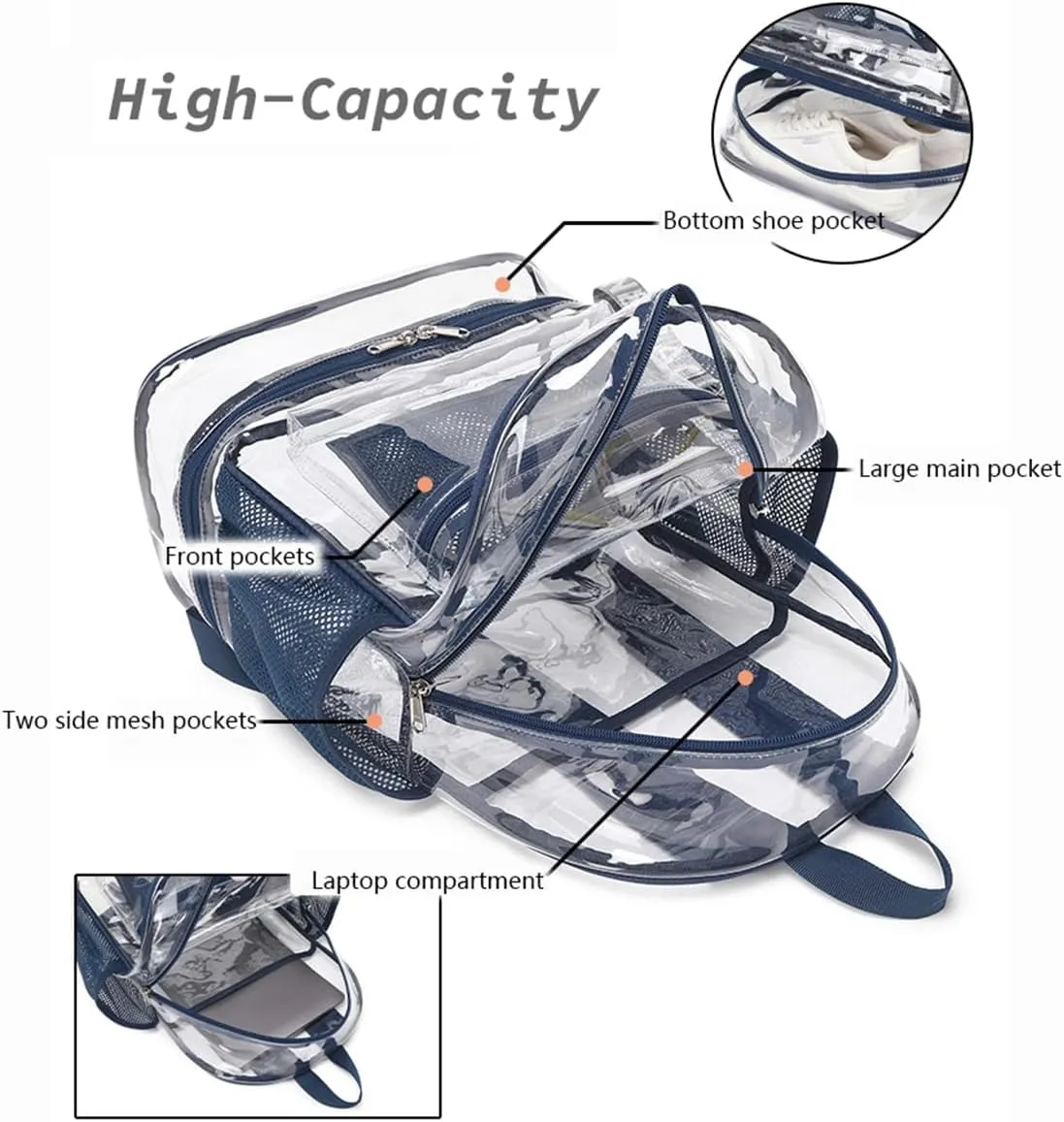 Clear Backpack Heavy Duty, See Through Backpack Purse, Gym Backpack with Laptop and Shoe Compartment (Green), 32*19*45cm