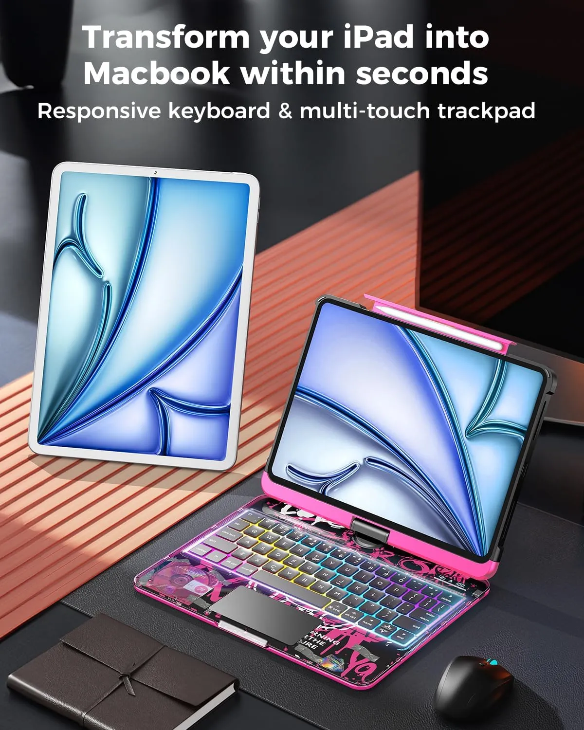Clear Keyboard Case for iPad Air 11 Inch (M3/M2, 2025/2024)/ iPad Air 5th/4th 10.9" 2022 2020/ iPad Pro 11" 1/2/3/4 2018 2020 2021 2022, Trackpad, Pencil Holder, 7-Color Backlit, Rotatable, Pink