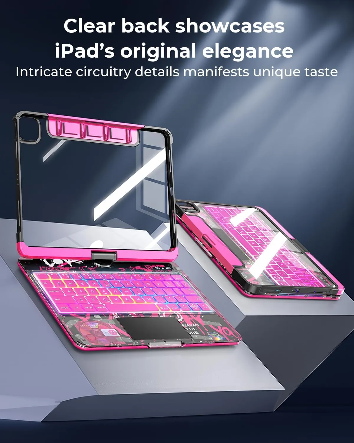 Clear Keyboard Case for iPad Air 11 Inch (M3/M2, 2025/2024)/ iPad Air 5th/4th 10.9" 2022 2020/ iPad Pro 11" 1/2/3/4 2018 2020 2021 2022, Trackpad, Pencil Holder, 7-Color Backlit, Rotatable, Pink