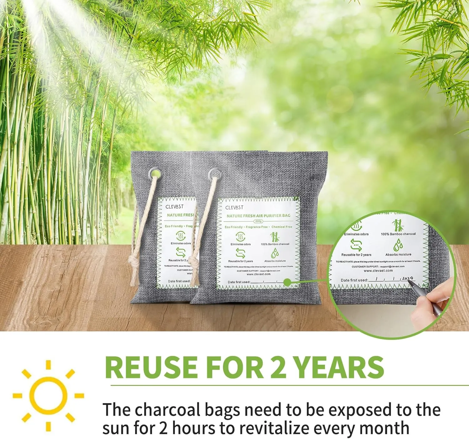 CLEVAST Bamboo Charcoal Air Purifying Bags (Large, 4×200g), Removes Odors and Moisture, Nature Fresh Air Purifier Bags, Odor Eliminator for Home, Car, Pets, Bathroom, Basement