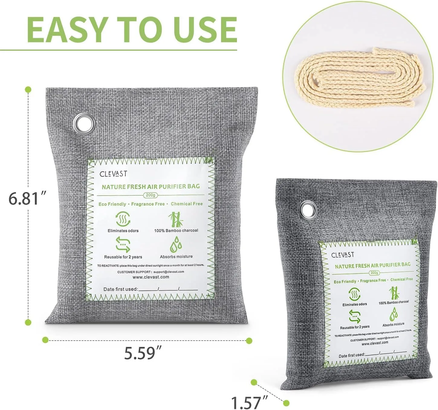 CLEVAST Bamboo Charcoal Air Purifying Bags (Large, 4×200g), Removes Odors and Moisture, Nature Fresh Air Purifier Bags, Odor Eliminator for Home, Car, Pets, Bathroom, Basement
