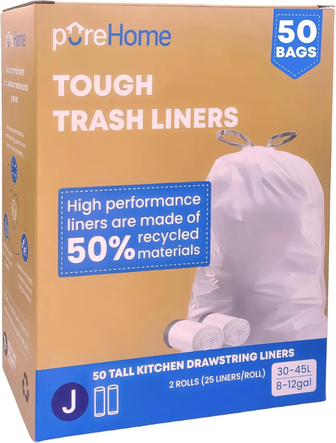 (Code J): Tough Trash Bags, Compatible with simplehuman J (50 Count) 8-12 Gallon / 30-45 Liter, Thick White Drawstring Garbage Liners, Custom Fit J Code, Tall Kitchen Cans