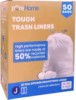 (Code J): Tough Trash Bags, Compatible with simplehuman J (50 Count) 8-12 Gallon / 30-45 Liter, Thick White Drawstring Garbage Liners, Custom Fit J Code, Tall Kitchen Cans