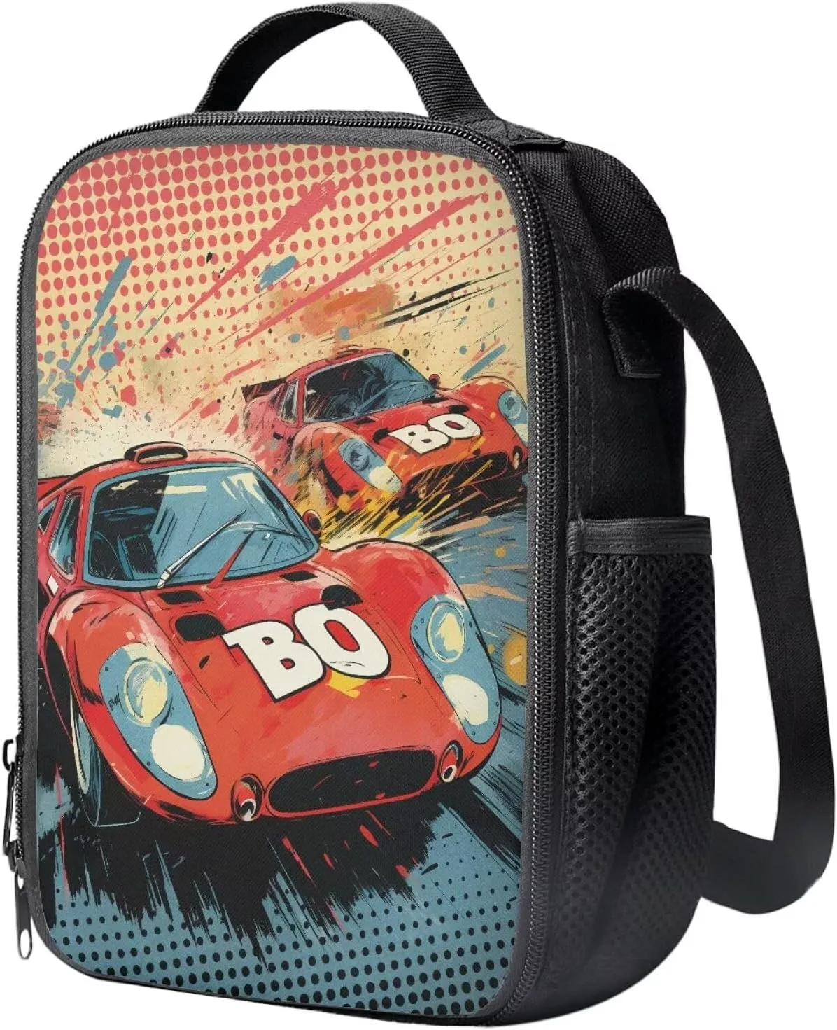 COEQINE Sport Speed Race Car Insulated Lunch Bag, Leakproof Portable Box For Boys Girls, Large Capacity Cooler Bag With Handle And Bottle Pocket