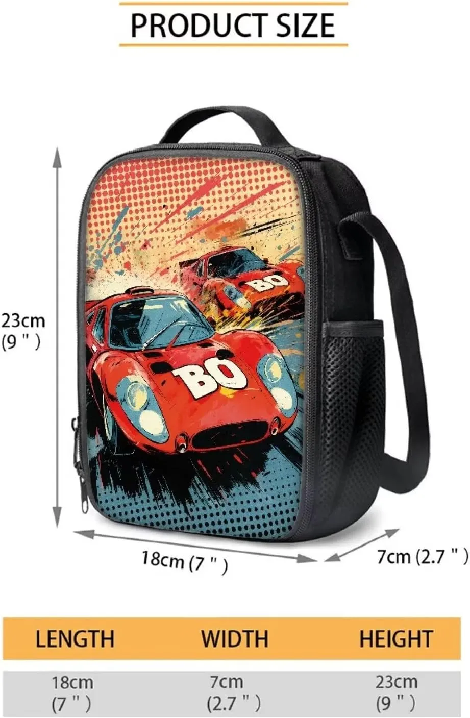 COEQINE Sport Speed Race Car Insulated Lunch Bag, Leakproof Portable Box For Boys Girls, Large Capacity Cooler Bag With Handle And Bottle Pocket