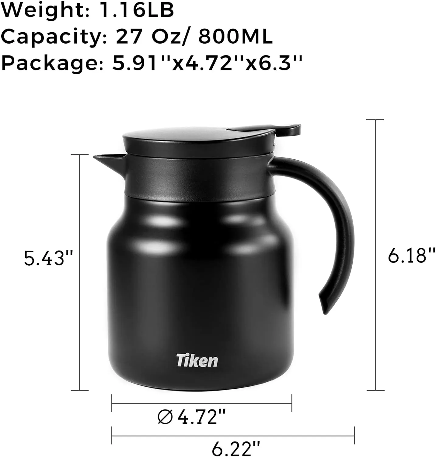 Coffee Server, 800ML (27 Oz) Thermal Coffee Carafe, Stainless Steel Insulated Vacuum Coffee Carafes For Keeping Hot - Matte Black