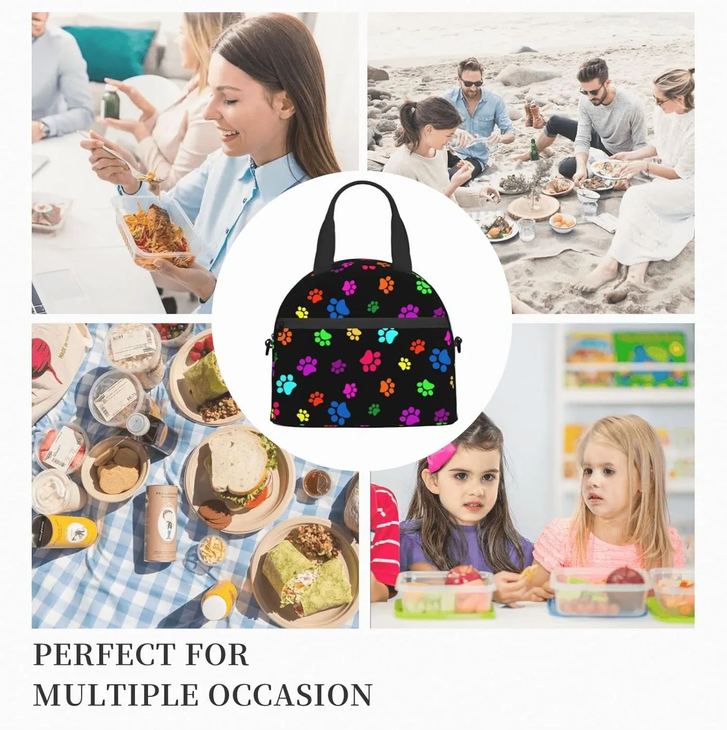 Colorful Dog Animal Paws Lunch Bag Reusable Insulated Lunch Tote Bag Lunchbox Container With Adjustable Shoulder Strap For Office Work School Picnic Travel