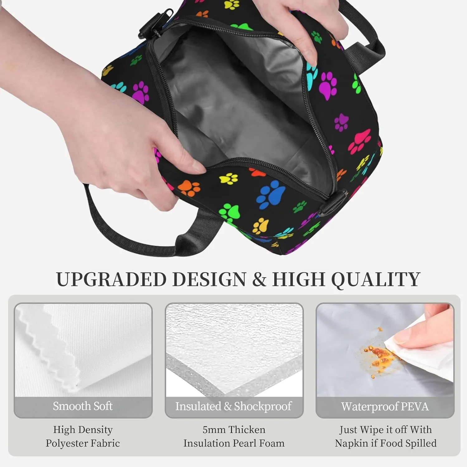 Colorful Dog Animal Paws Lunch Bag Reusable Insulated Lunch Tote Bag Lunchbox Container With Adjustable Shoulder Strap For Office Work School Picnic Travel
