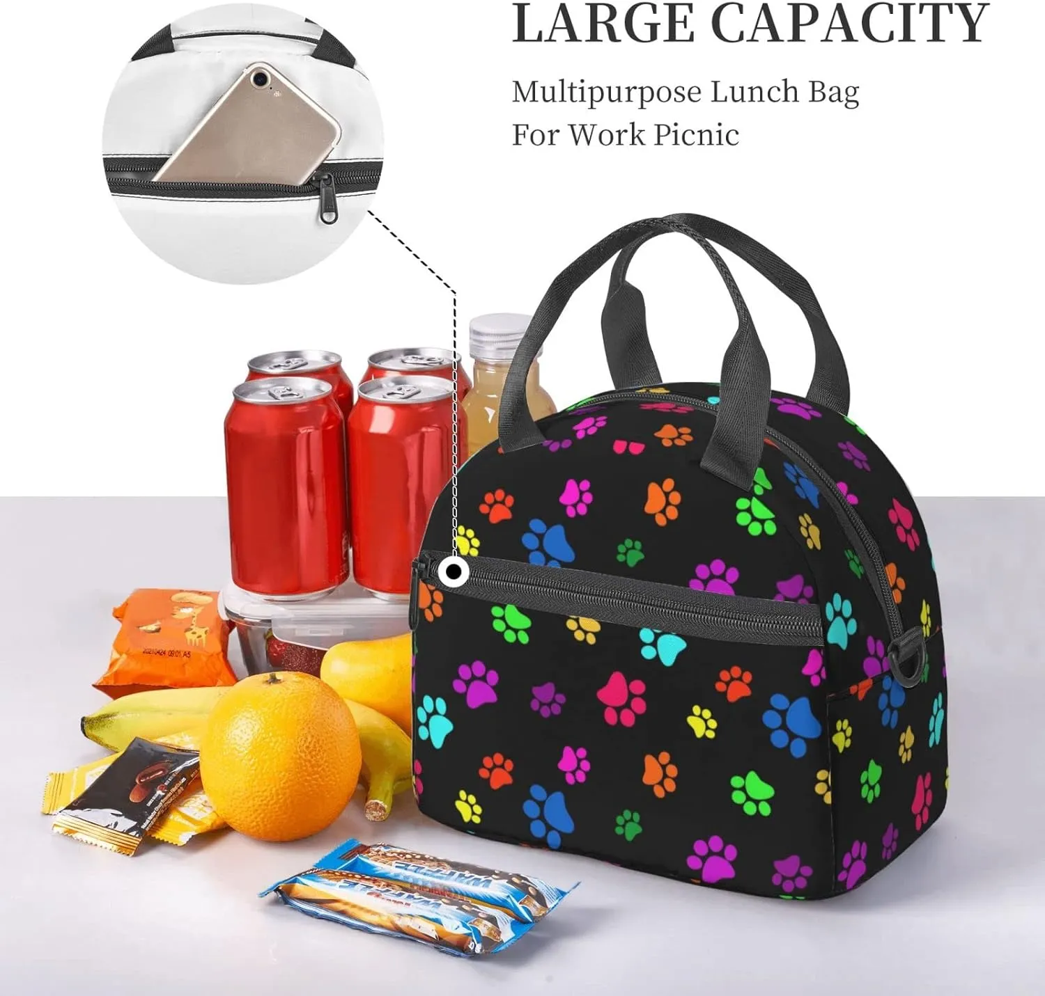 Colorful Dog Animal Paws Lunch Bag Reusable Insulated Lunch Tote Bag Lunchbox Container With Adjustable Shoulder Strap For Office Work School Picnic Travel