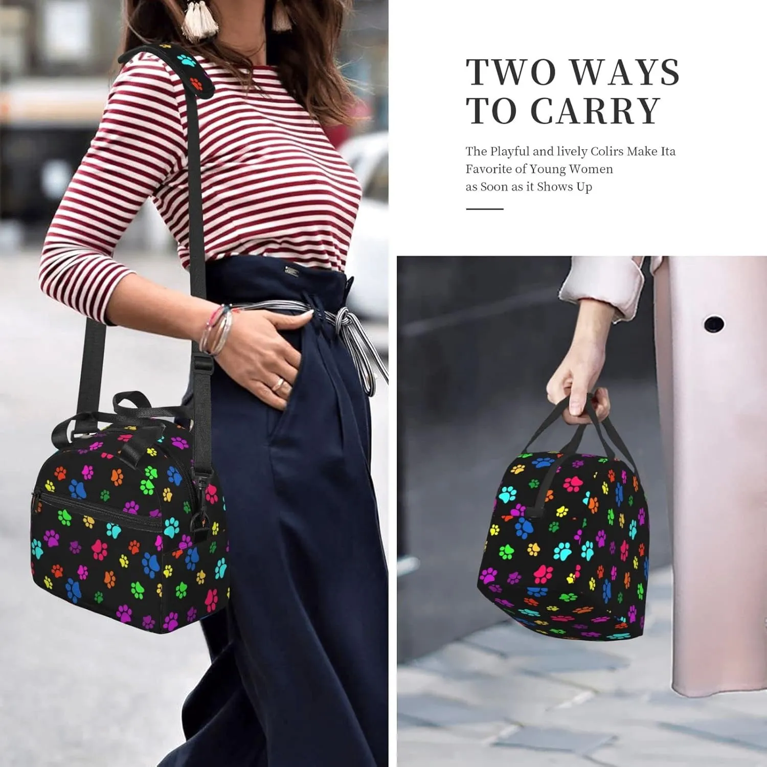 Colorful Dog Animal Paws Lunch Bag Reusable Insulated Lunch Tote Bag Lunchbox Container With Adjustable Shoulder Strap For Office Work School Picnic Travel