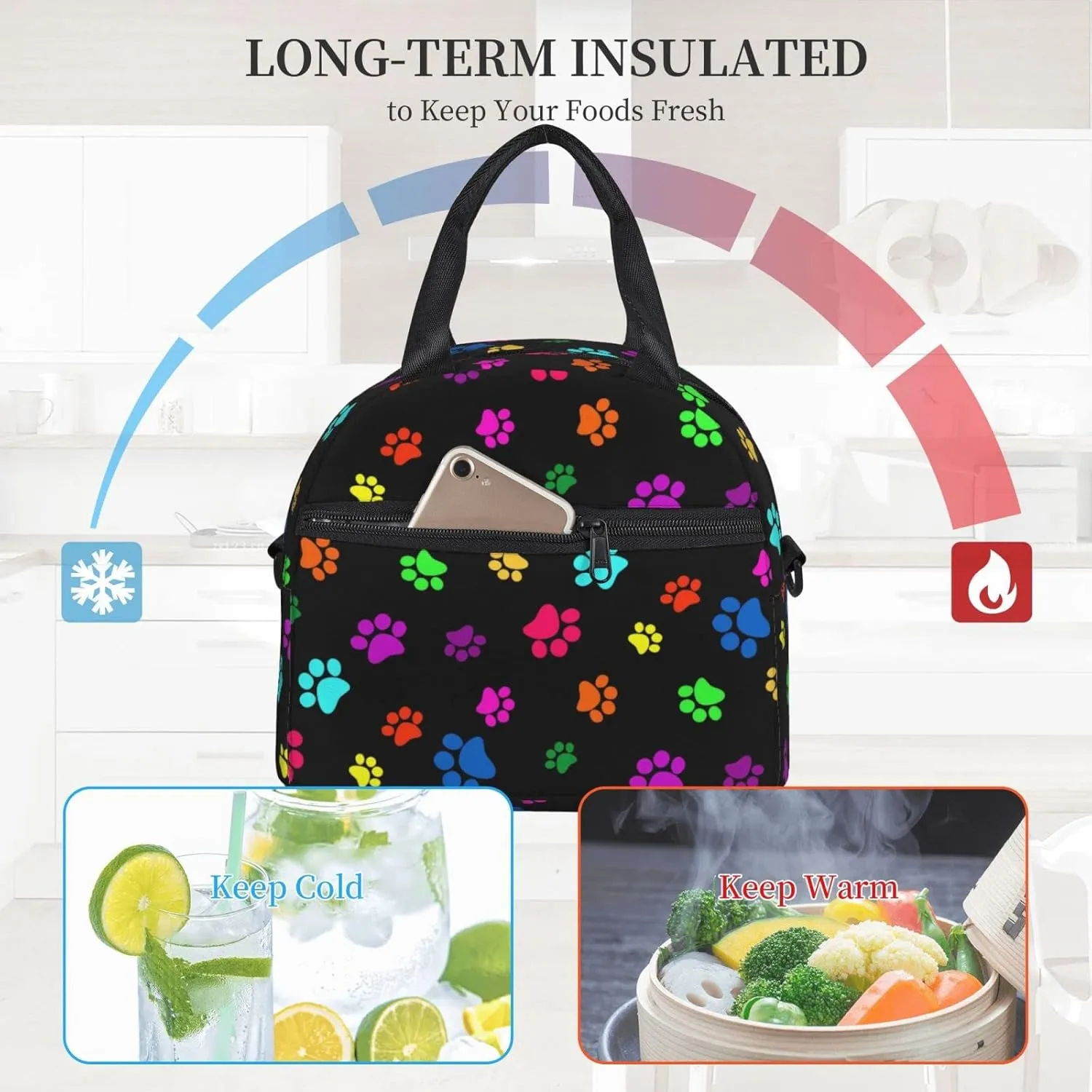 Colorful Dog Animal Paws Lunch Bag Reusable Insulated Lunch Tote Bag Lunchbox Container With Adjustable Shoulder Strap For Office Work School Picnic Travel
