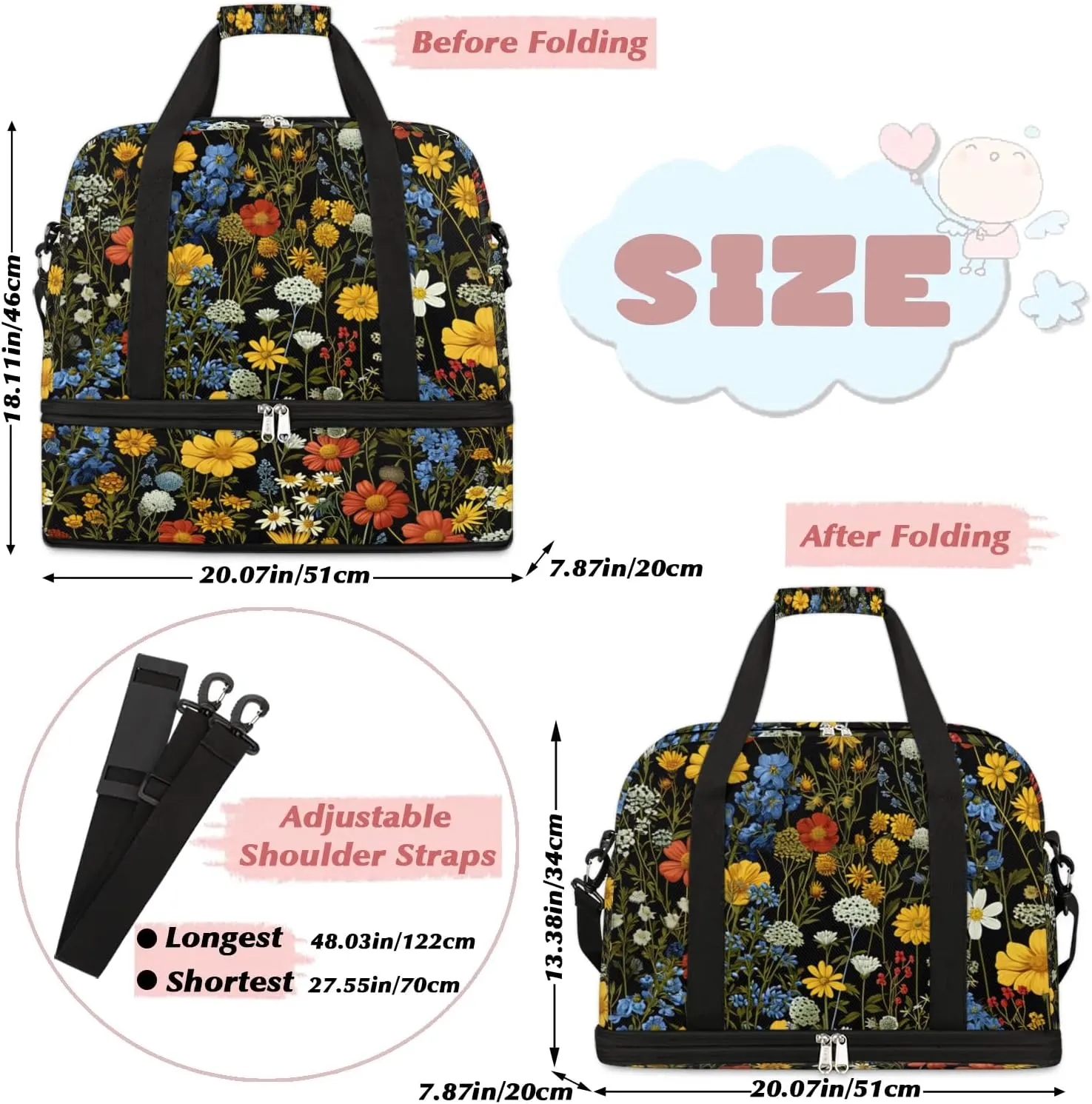 Colorful Flora Beauty Print Travel Duffle Bag, Collapsible Travel Bag Sports Gym Bag With Shoes Compartment Weekender Bag Overnight Bag For Women Men