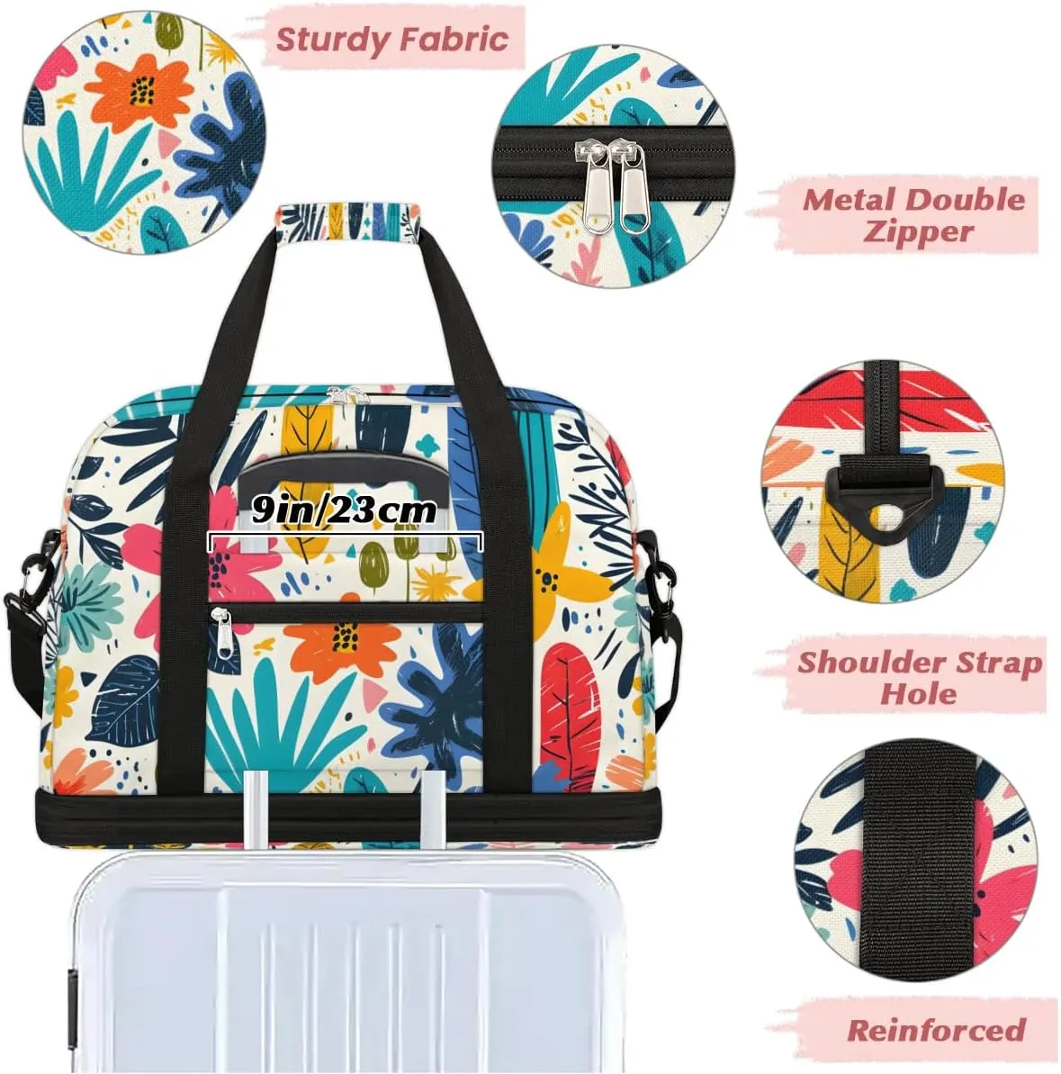 Colorful Flora Fancy Printings Travel Duffle Bag, Collapsible Travel Bag Sports Gym Bag With Shoes Compartment Weekender Bag Overnight Bag For Women Men
