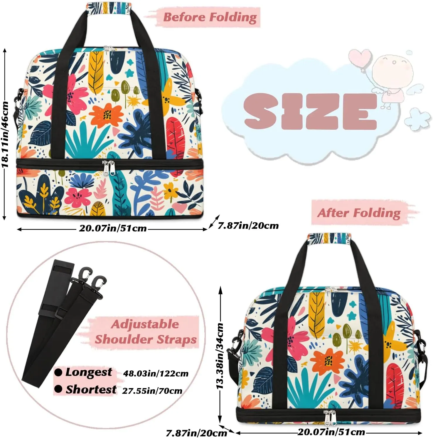 Colorful Flora Fancy Printings Travel Duffle Bag, Collapsible Travel Bag Sports Gym Bag With Shoes Compartment Weekender Bag Overnight Bag For Women Men