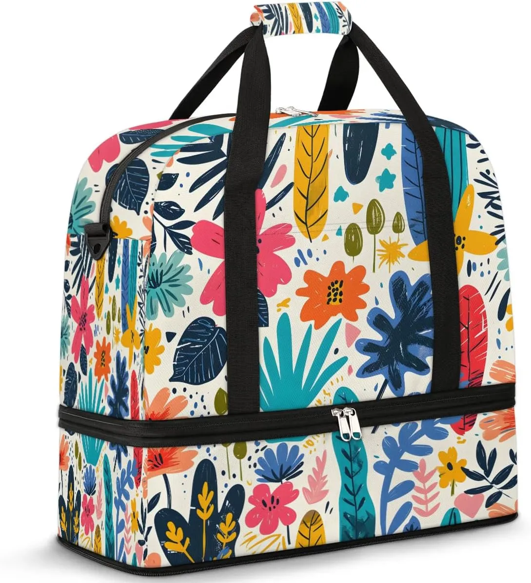 Colorful Flora Fancy Printings Travel Duffle Bag, Collapsible Travel Bag Sports Gym Bag With Shoes Compartment Weekender Bag Overnight Bag For Women Men