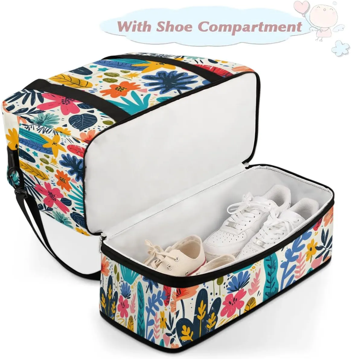 Colorful Flora Fancy Printings Travel Duffle Bag, Collapsible Travel Bag Sports Gym Bag With Shoes Compartment Weekender Bag Overnight Bag For Women Men
