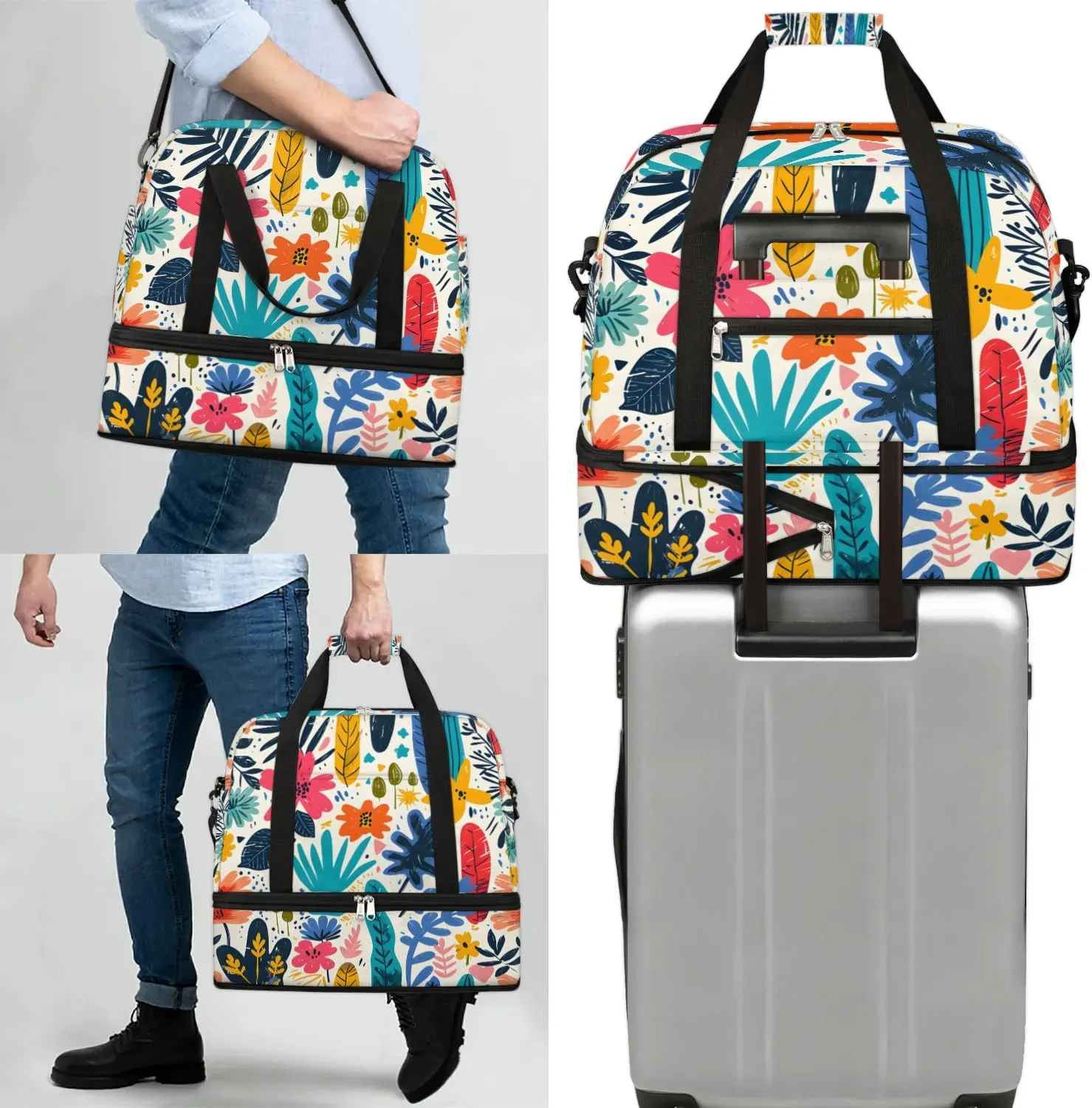 Colorful Flora Fancy Printings Travel Duffle Bag, Collapsible Travel Bag Sports Gym Bag With Shoes Compartment Weekender Bag Overnight Bag For Women Men