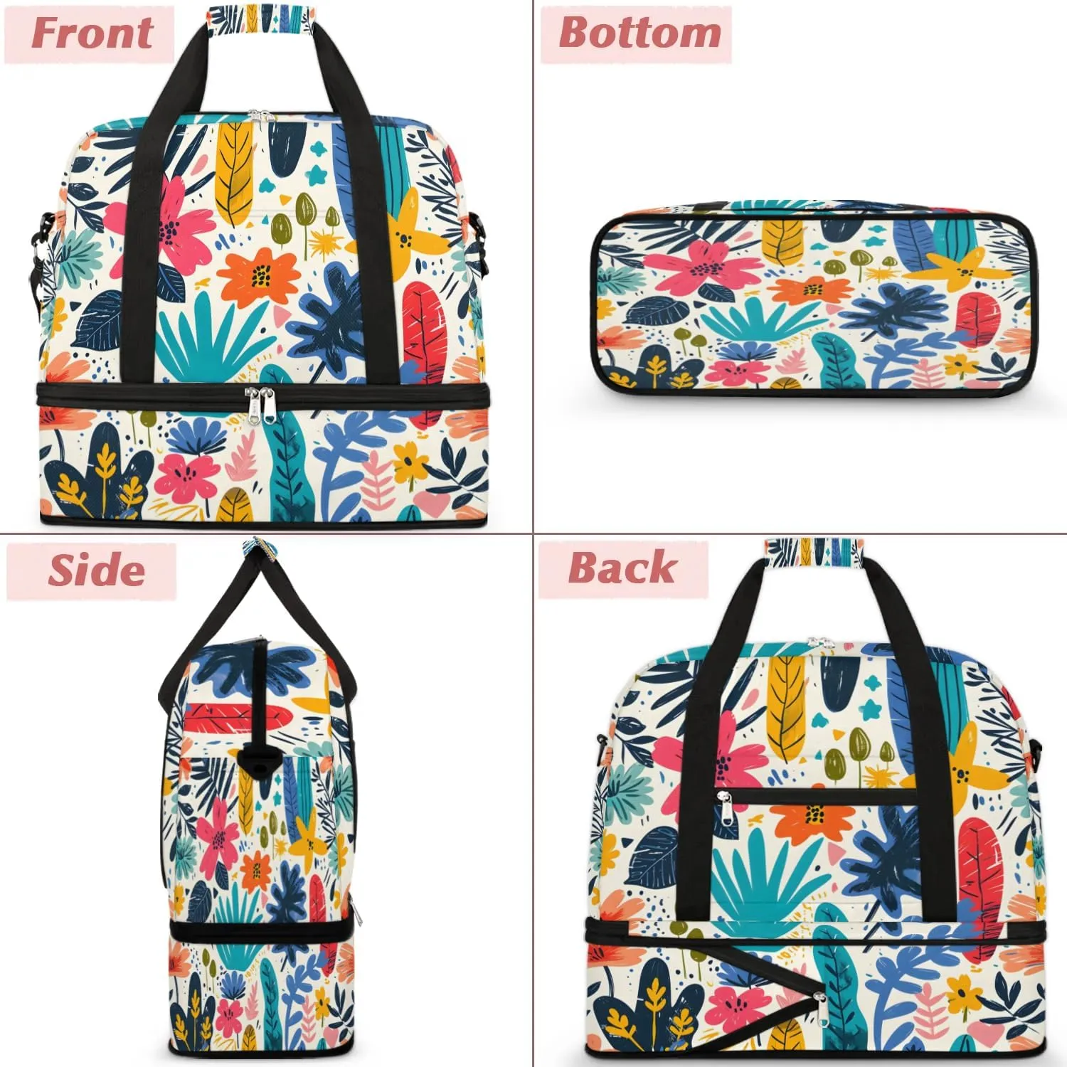 Colorful Flora Fancy Printings Travel Duffle Bag, Collapsible Travel Bag Sports Gym Bag With Shoes Compartment Weekender Bag Overnight Bag For Women Men