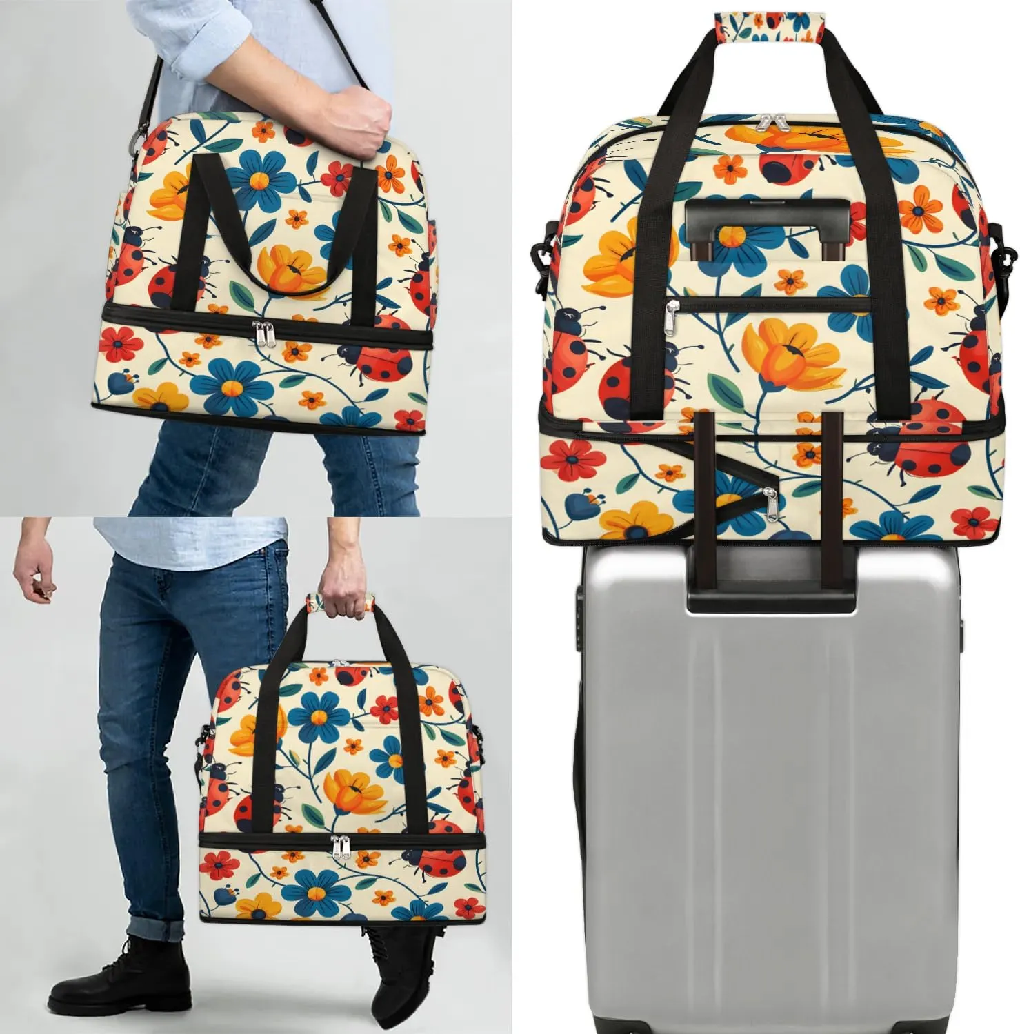 Colorful Flora Fancy Prints Travel Duffle Bag, Collapsible Travel Bag Sports Gym Bag With Shoes Compartment Weekender Bag Overnight Bag For Women Men