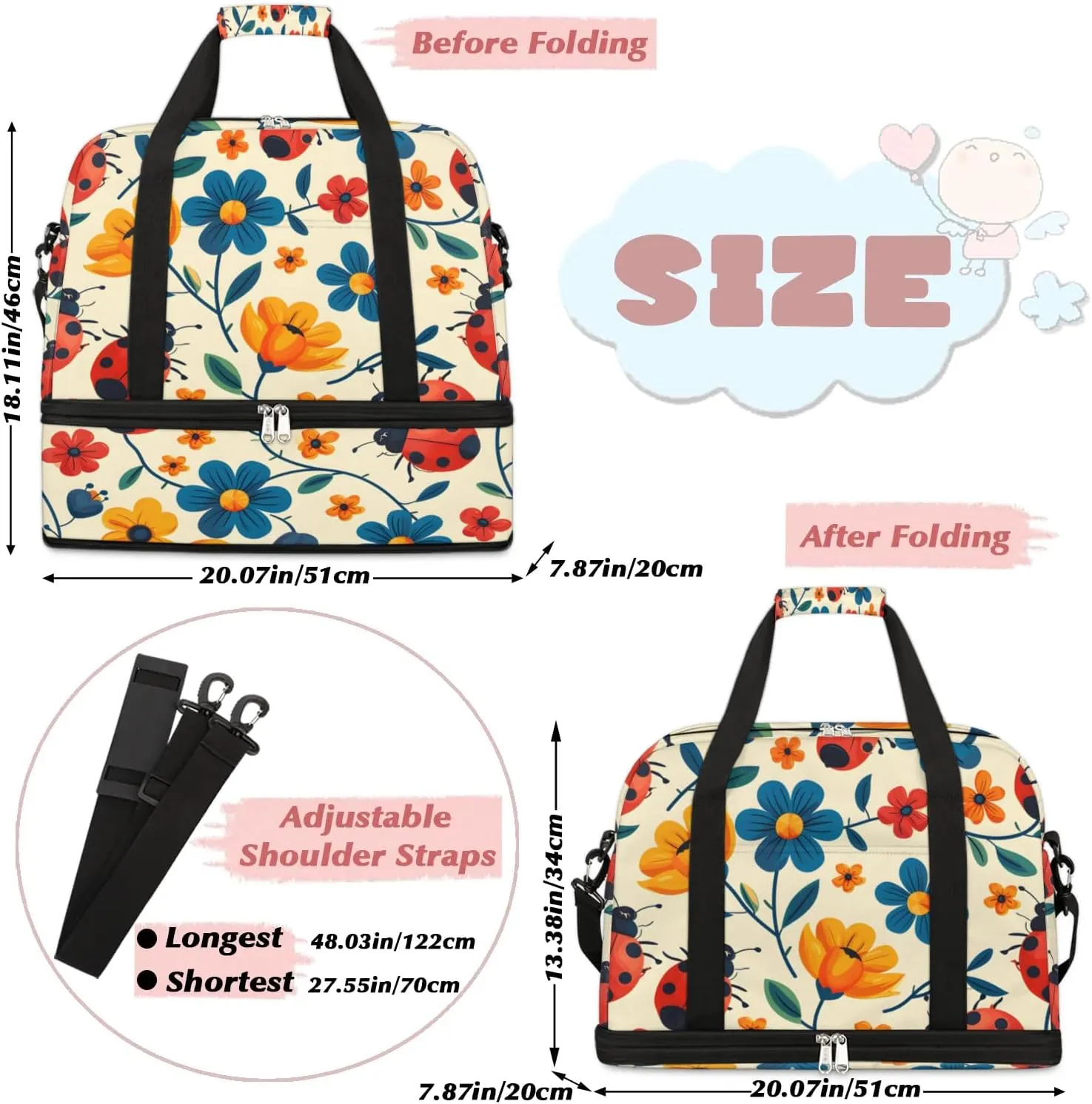 Colorful Flora Fancy Prints Travel Duffle Bag, Collapsible Travel Bag Sports Gym Bag With Shoes Compartment Weekender Bag Overnight Bag For Women Men