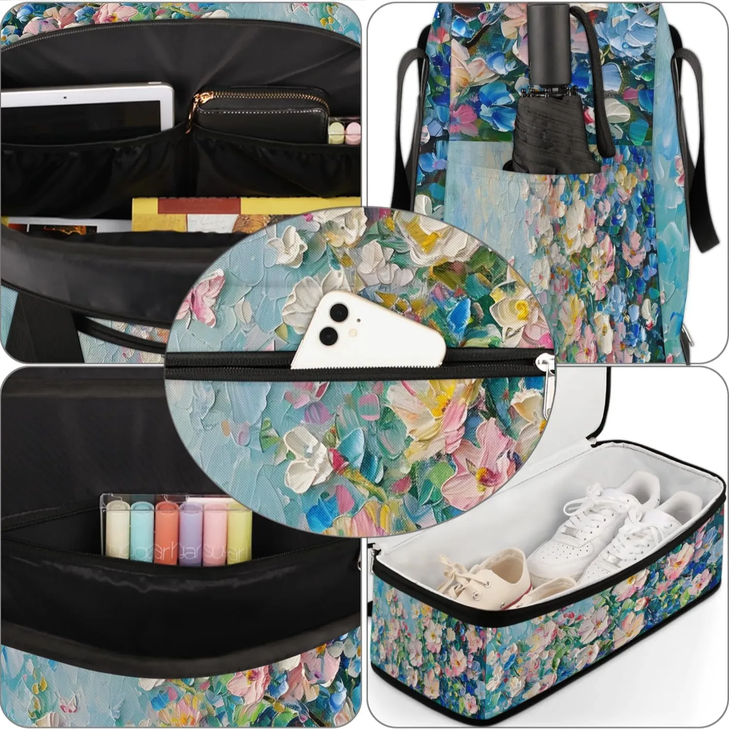 Colorful Flora Print Beauty Travel Duffle Bag, Collapsible Travel Bag Sports Gym Bag With Shoes Compartment Weekender Bag Overnight Bag For Women Men