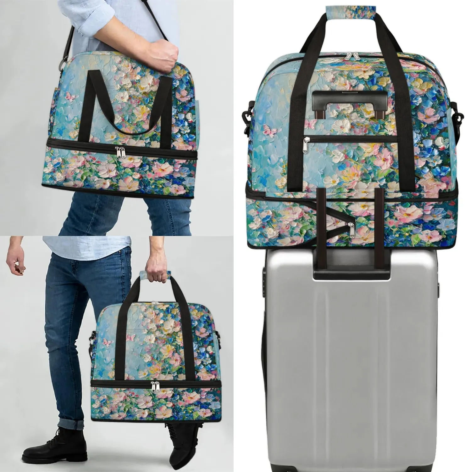 Colorful Flora Print Beauty Travel Duffle Bag, Collapsible Travel Bag Sports Gym Bag With Shoes Compartment Weekender Bag Overnight Bag For Women Men