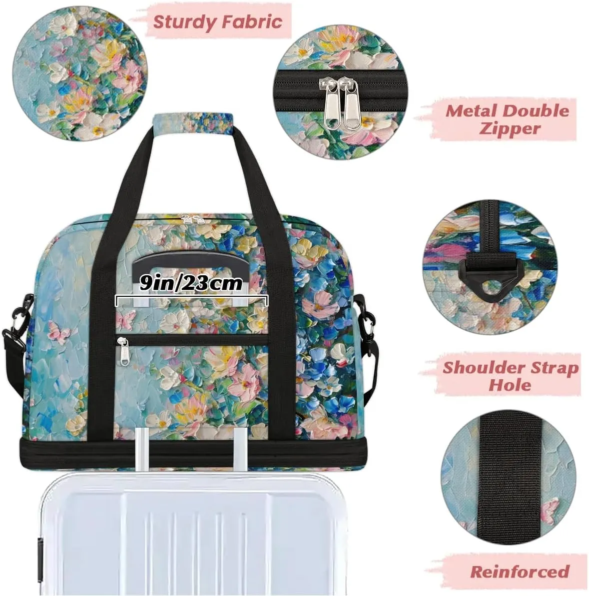 Colorful Flora Print Beauty Travel Duffle Bag, Collapsible Travel Bag Sports Gym Bag With Shoes Compartment Weekender Bag Overnight Bag For Women Men