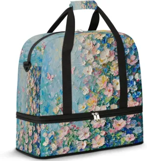 Colorful Flora Print Beauty Travel Duffle Bag, Collapsible Travel Bag Sports Gym Bag With Shoes Compartment Weekender Bag Overnight Bag For Women Men