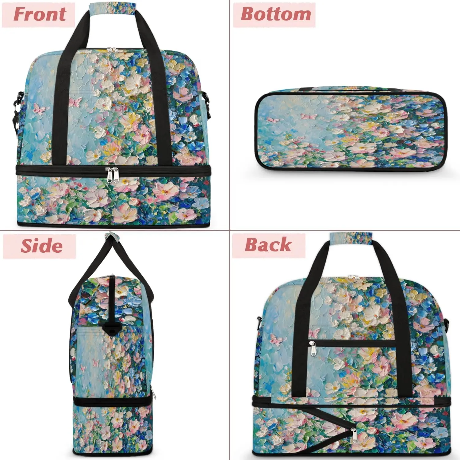 Colorful Flora Print Beauty Travel Duffle Bag, Collapsible Travel Bag Sports Gym Bag With Shoes Compartment Weekender Bag Overnight Bag For Women Men