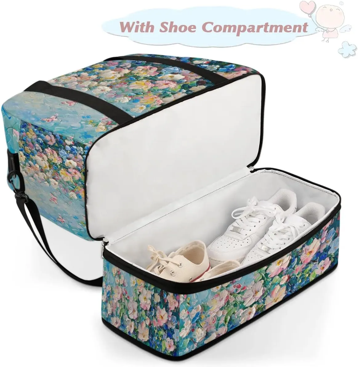 Colorful Flora Print Beauty Travel Duffle Bag, Collapsible Travel Bag Sports Gym Bag With Shoes Compartment Weekender Bag Overnight Bag For Women Men