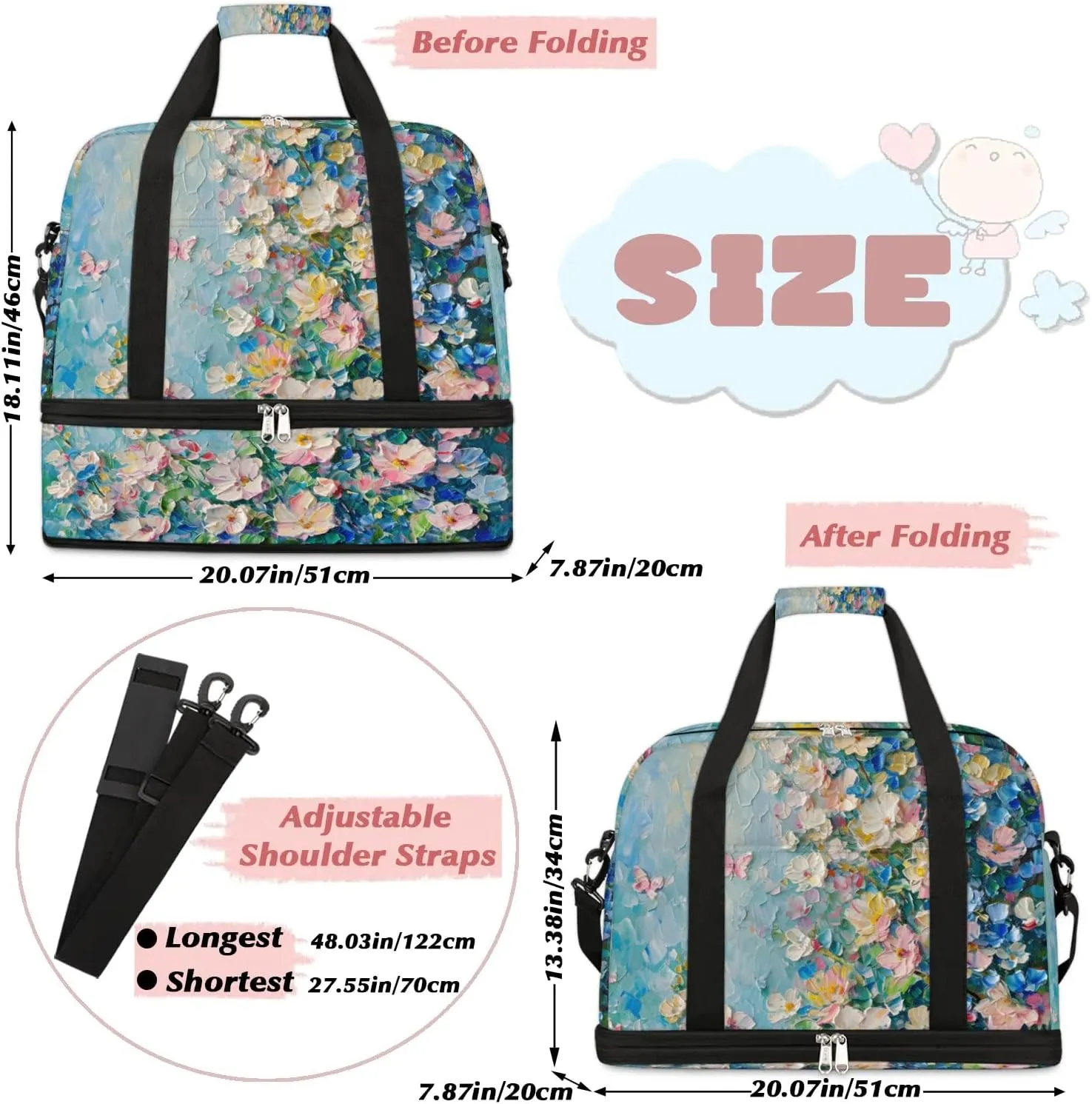 Colorful Flora Print Beauty Travel Duffle Bag, Collapsible Travel Bag Sports Gym Bag With Shoes Compartment Weekender Bag Overnight Bag For Women Men