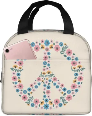 Colorful Floral Peace Sign Reusable Insulated Lunch Bag For Women Men Waterproof Tote Lunch Box Thermal Cooler Lunch Tote Bag For Work Office Travel Picnic