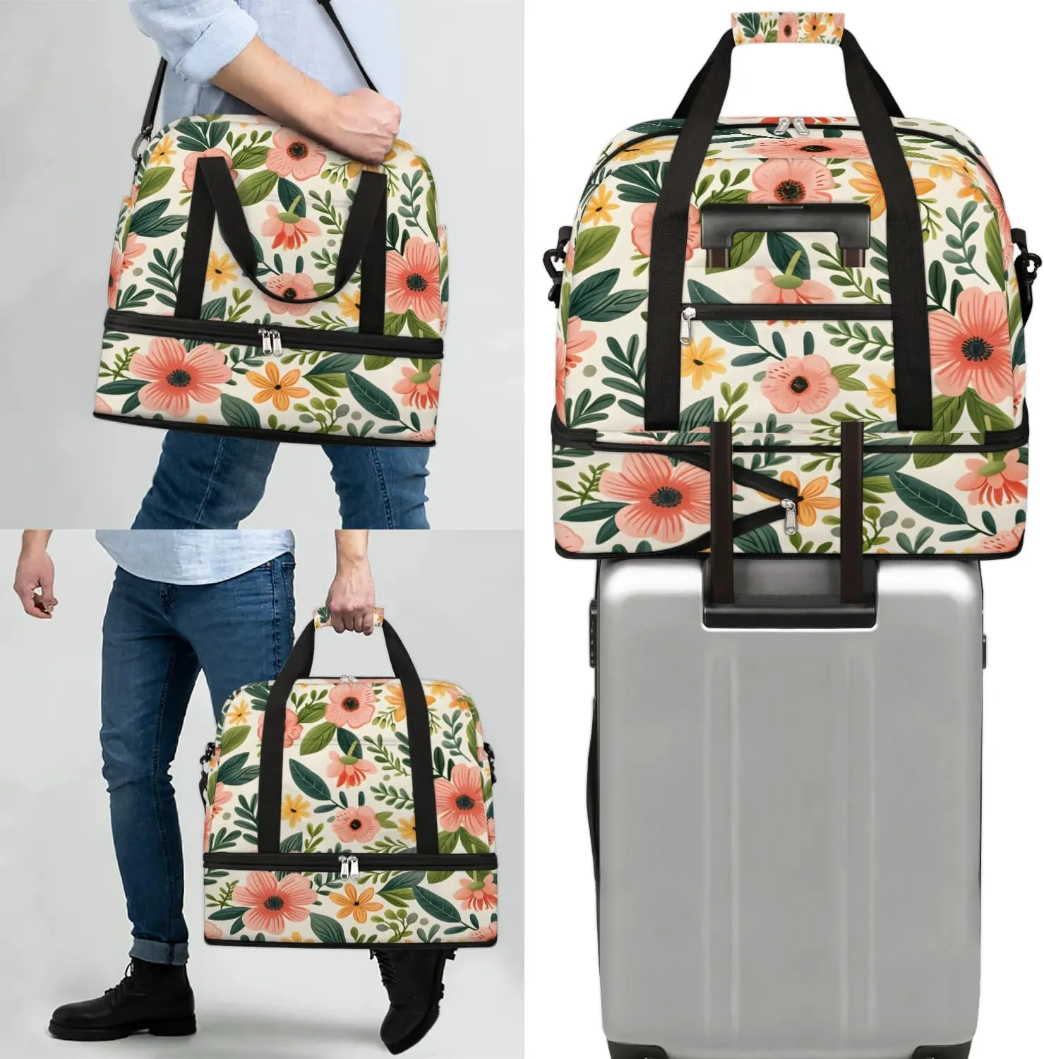 Colorful Flower Fancy Pattern Travel Duffle Bag, Collapsible Travel Bag Sports Gym Bag With Shoes Compartment Weekender Bag Overnight Bag For Women Men