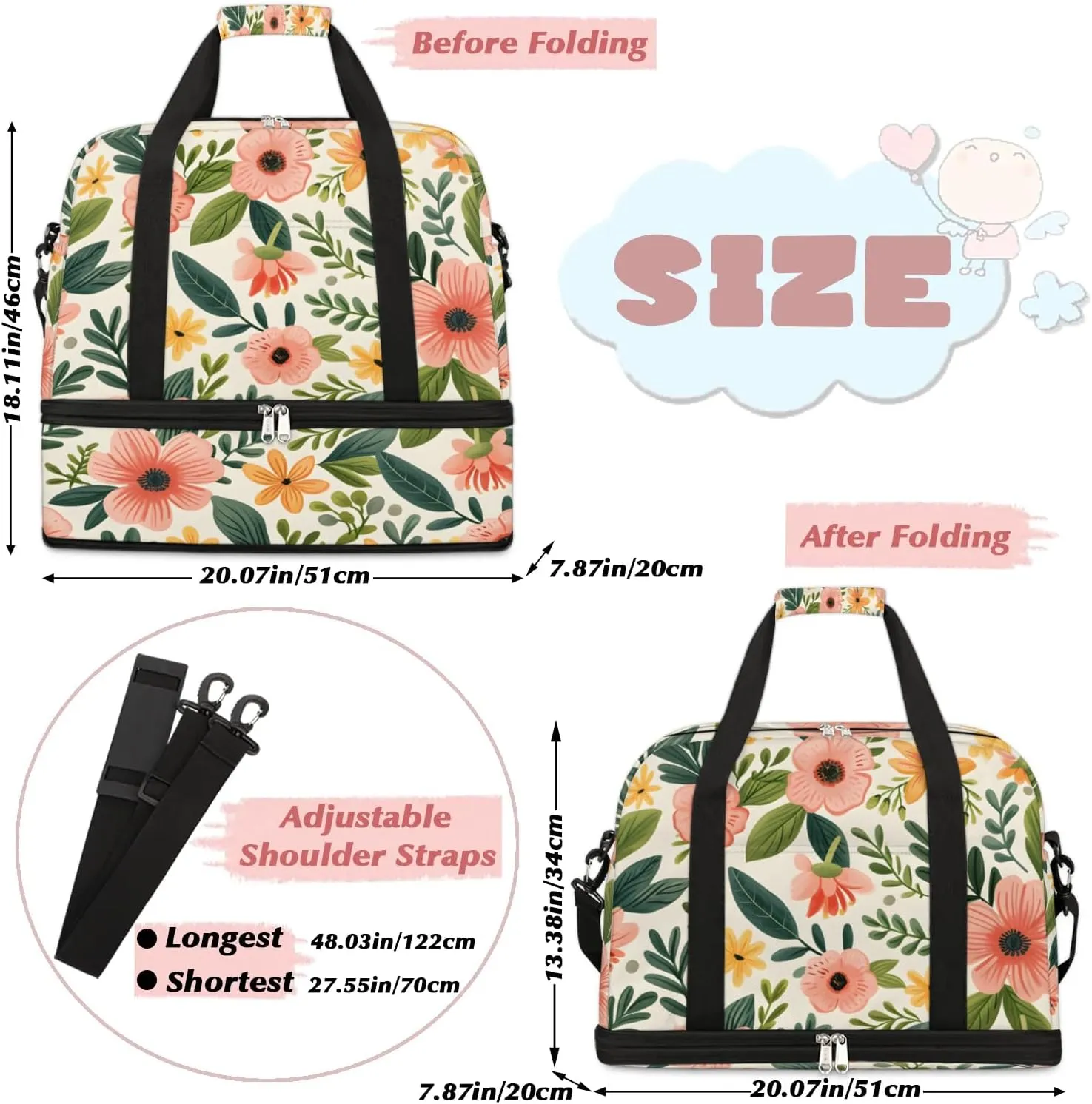 Colorful Flower Fancy Pattern Travel Duffle Bag, Collapsible Travel Bag Sports Gym Bag With Shoes Compartment Weekender Bag Overnight Bag For Women Men