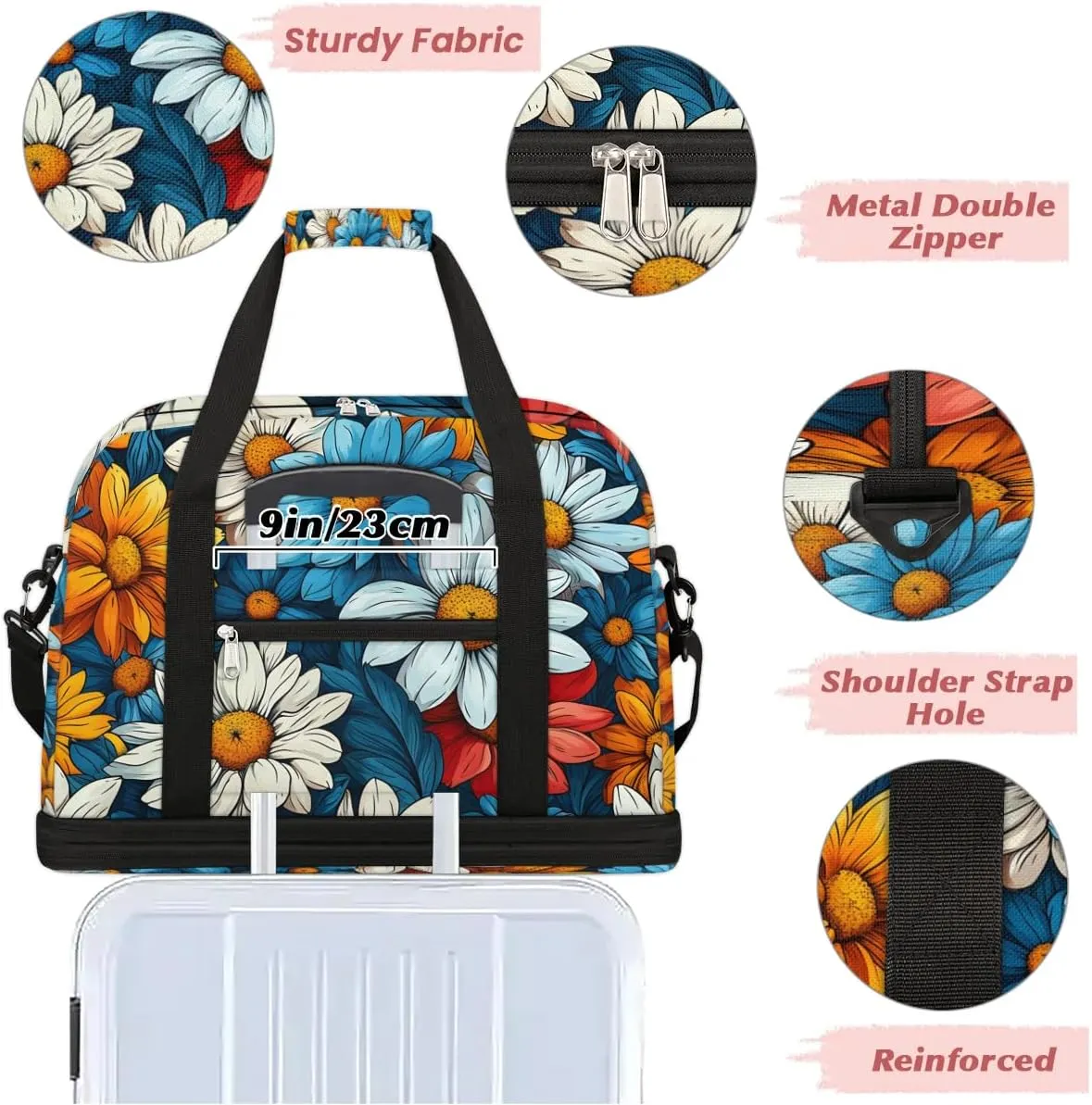 Colorful Flower Printing Fancy Travel Duffle Bag, Collapsible Travel Bag Sports Gym Bag With Shoes Compartment Weekender Bag Overnight Bag For Women Men