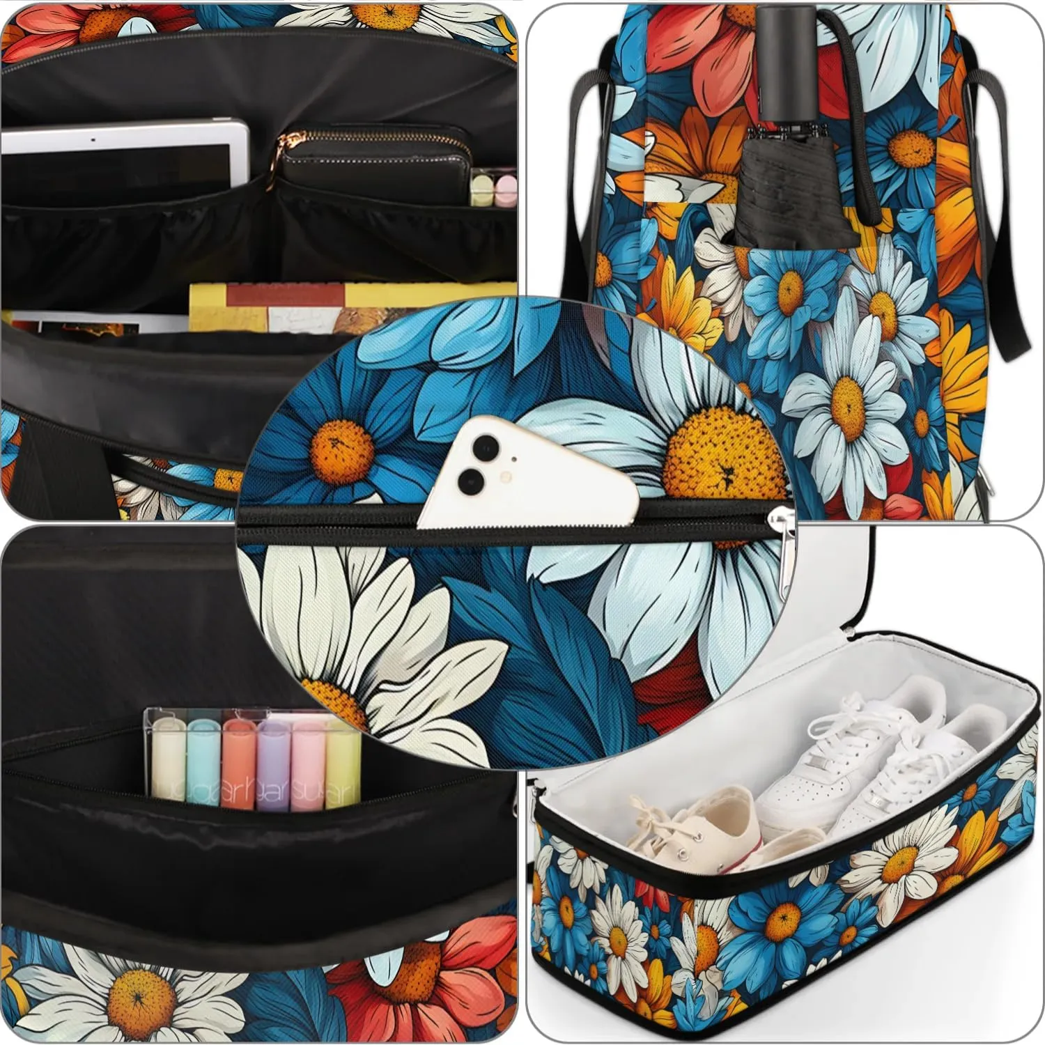 Colorful Flower Printing Fancy Travel Duffle Bag, Collapsible Travel Bag Sports Gym Bag With Shoes Compartment Weekender Bag Overnight Bag For Women Men